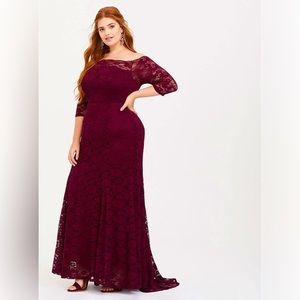 TORRID — SPECIAL OCCASION BURGUNDY RED LACE OFF SHOULDER MAXI DRESS — Size 18